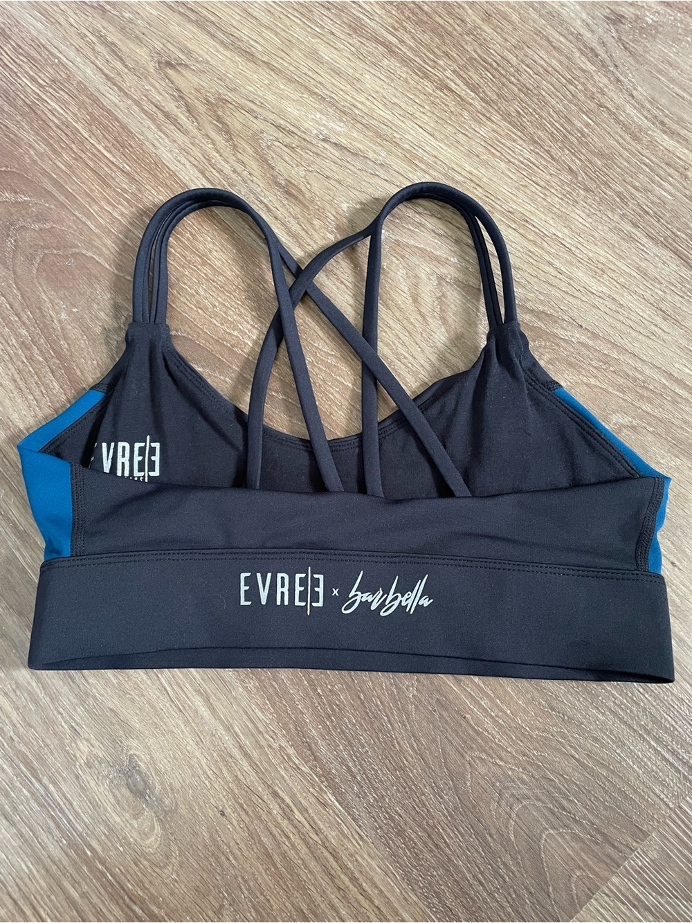EVREE x Barbella Bold Basics Black Strappy Sports Bra with Blue Accents
